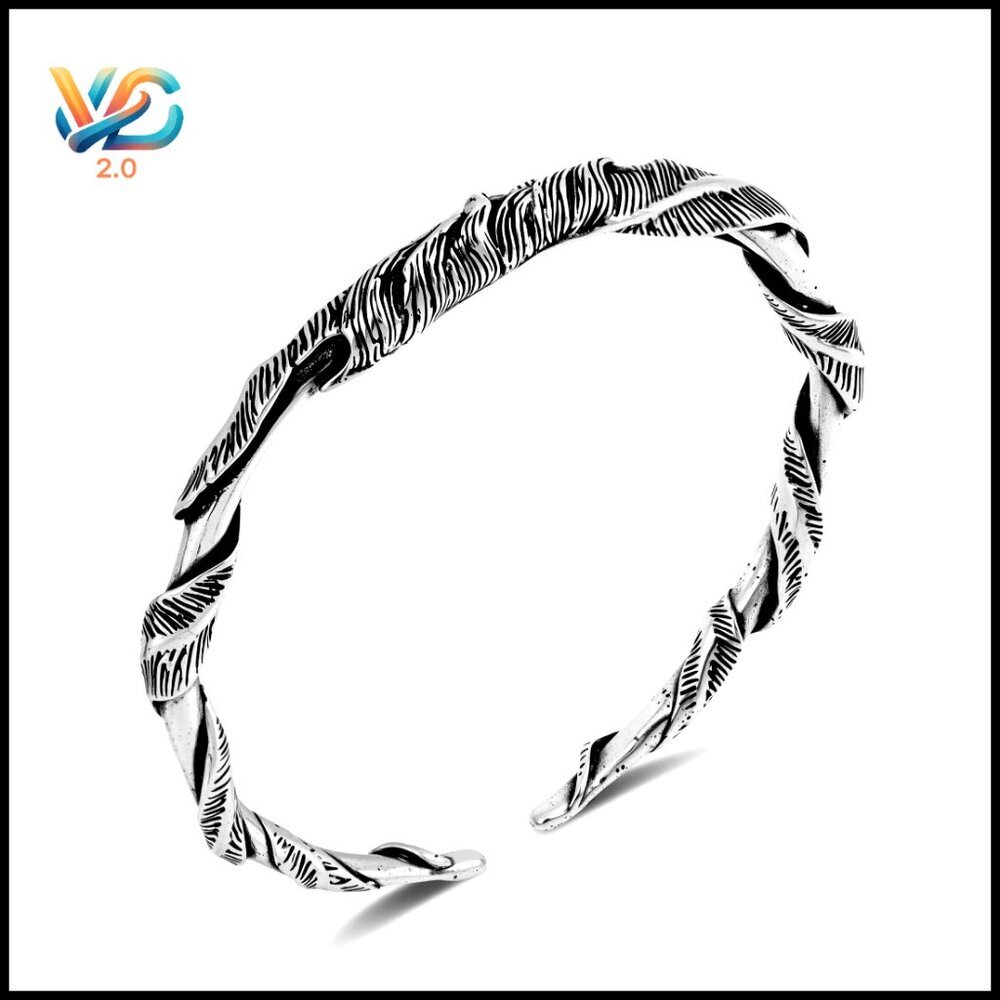 Vintage Feather Cuff Bracelet Adjustable Silver Plated‎ Stainless Steel Bangle